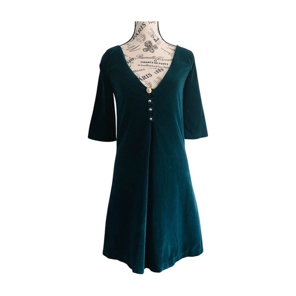 Vintage 90s Dark Teal Green Velvet Dress Witchy Fit & Flare Silhouette Small